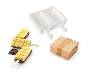 silikomart | Silicone Ice Cream Mould Set GEL02 CHOCOSTICK, Composición del set 2 Moldes de silicona, 50 Palitos de madera para alimentos, 1 Recetario, Antiadherente, Helado fácil, 92 x 48 mm, h 24 mm, Volumen 180 ml, Made in Italy