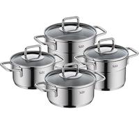 Silit Extra Cook - Batería de cocina (4 piezas, 12/14 cm, con tapa de cristal, escala interior, borde ancho, acero inoxidable Crominox, porciones pequeñas, apilables para ahorrar espacio, sin goteo)