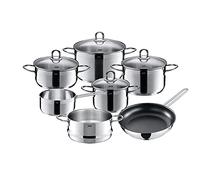 Silit - Juego de cacerolas de 7 piezas - Cacerola cacerola Cazo - Sartén alta sin tapa de revestimiento Cocinar al vapor Diamante reborde Tapa de cristal Acero Inoxidable Pulido Inducción Lavavajillas.