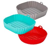 Siliz Forros de silicona para freidora de aire (2 cuadrados + 1 redondo), paquete de 3 bandejas de silicona reutilizables para freidora de aire, repuesto para forro de papel pergamino desechable,