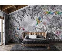 SILK ROAD EU Papel Pintado Pared Panorámico Jungla de Seda, Tamaño personalizado, Bandada de loros en la selva en blanco y negro, Póster Gigante de Pared Personalizado 3D Para Salón o Dormitorio