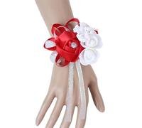 Silk Roses White Wrist Corsage Wrist Flowers for Bridesmaids Flower Bracelet Pink Blue Bridal Sisters Wedding Accessories Fiesta de bodas(Red)