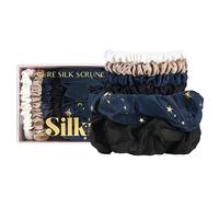 SILKIE 6 gomas elásticas para el pelo, 100% seda de morera pura, para Navidad, oscuro, neutro, bolsa de viaje, elástica, para el cuidado del cabello, coleta sin daños (celestial)