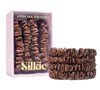 SILKIE Coleteros de seda morera 100% pura, juego de 4, color marrón, bolsa de viaje, lazos elásticos para cuidado del cabello, soporte para cola de caballo