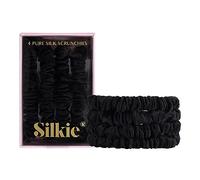 SILKIE Juego de 4 coleteros 100% seda de morera pura, color negro, bolsa de viaje para todos los días, lazos elásticos para el cuidado del cabello, soporte para cola de caballo, sin daños (negro)