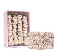 SILKIE Juego de 4 coleteros ajustados de seda de morera 100 % pura, champán, bolsa de viaje para el uso diario, gomas elásticas para el cuidado del cabello, soporte para cola de caballo, sin daños