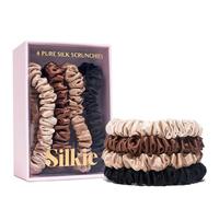 SILKIE Juego de 4 coleteros delgados de seda de morera 100% pura, color negro y marrón, bolsa de viaje para uso diario, lazos elásticos para el cuidado del cabello, soporte para cola de caballo sin