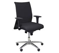 Silla Albacete confidente con mecanismo Sincro tapizada con Piel color Negro. Equipada con Base aluminio, Brazos 1D y Ruedas de parqué