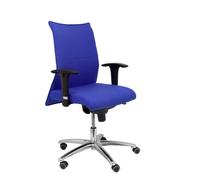 Silla Albacete confidente con mecanismo Sincro tapizada con Tela color Azul. Equipada con Base aluminio, Brazos 1D y Ruedas de parqué