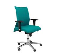 Silla Albacete confidente con mecanismo Sincro tapizada con Tela color Turquesa. Equipada con Base aluminio, Brazos 1D y Ruedas de parqué
