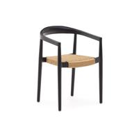 Silla apilable Ydalia en madera maciza de teca con acabado negro y cuerda de ratán sintético