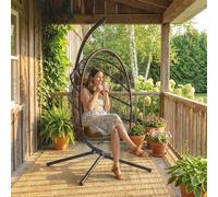 Outsunny Silla Colgante Huevo con Soporte, Cesta Plegable de Ratán Marrón | Columpio Jardín Exterior, Cojín Grueso, Reposacabezas, Altura Ajustable, Cuerda para Interior y Exterior
