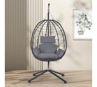 Silla colgante de huevo con soporte, columpio de mimbre de polietileno, marco de acero recubierto de polvo, cojín lavable a máquina, muebles de patio elegantes para balcón y jardín