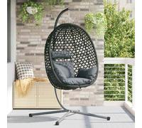 Silla colgante de polirratán en antracita y negro, plegable con soporte para jardín, balcón y terraza, silla colgante ergonómica