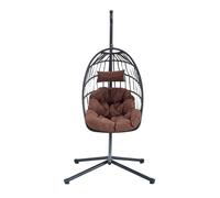 Silla colgante portátil con soporte, hamaca plegable para uso en interiores y exteriores, capacidad de 350 libras, elegante diseño negro y marrón, ideal para dormitorio, patio, porche, relajación