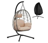 Silla colgante tipo huevo de ratán con soporte - Plegable, funda impermeable, cojines incluidos, ideal para jardín, balcón o terraza - Capacidad 130kg - Color: ratán gris, poliéster beige, funda negra