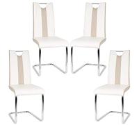Silla de comedor de 2 piezas moderna con respaldo alto y asiento acolchado, silla mecedora para comedor, cocina, sala de estar, oficina (beige + blanco, 4 piezas)