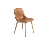 Silla de Comedor de Fibra con Base de Madera Tapizada en Piel Coñac/Roble