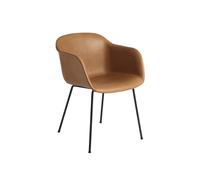 Silla de Comedor de Fibra con Reposabrazos y Base de Tubo Tapizada en Piel Coñac/ Negro