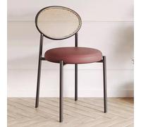 Silla de comedor de ratán moderna de piel sintética sin brazos, cojín redondo para asiento, respaldo de ocio, silla decorativa de cocina, marco de metal, silla vintage escandinava (color: curry)
