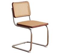 Silla de Comedor de Ratán Tapizada de Madera, Silla de Comedor sin Brazos con Respaldo de Caña Natural y Base de Cromo Inoxidable, Silla Lounge para Sala de Estar/Comedor/Patio