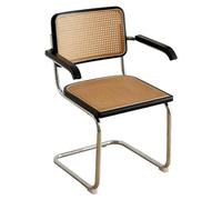Silla de Comedor Siglo Medio Silla de Acento con Respaldo de Caña Natural y Base de Cromo Inoxidable, Silla de Cocina de Ratán Tapizada en Madera para Sala/Dormitorio/Comedor/Patio