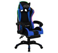 Silla de cuero azul y negro para videojuegos con luces LED RGB, silla de oficina ajustable con reposapiés extensible, reposacabezas acolchado grueso y cojines lumbar, 360 grados