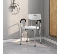 Silla de ducha ergonómica Homcom, con altura ajustable, base antideslizante, respaldo y reposabrazos desmontables, estructura de aluminio y asiento de HDPE, capacidad máxima de carga. 136 kg, blanco