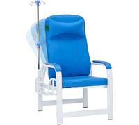 Silla de flebotomía con reposabrazos y reposapiés acolchados, diseño relevante para procedimientos de extracción de sangre en laboratorios médicos