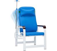 Silla de flebotomía con reposabrazos y reposapiés acolchados, diseño relevante para procedimientos de extracción de sangre en laboratorios médicos