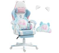 Silla de gaming linda con orejas y cojines Kawaii, silla ergonómica para juegos de ordenador para niñas con soporte lumbar y reposapiés, cómoda silla para videojuegos para adolescentes (azul rosa)