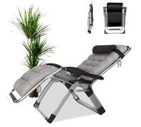 Silla de jardín plegable con soporte para bebidas, transpirable, reclinable, de gravedad cero, para uso en exteriores e interiores, cómoda silla de cubierta (juego individual de cojín gris)