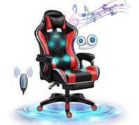 Silla de juego de respaldo alto con altavoces Bluetooth, luces LED RGB y piel sintética, silla giratoria reclinable ajustable para adultos y adolescentes, color rojo