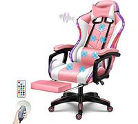 Silla de juego ergonómica con masaje y soporte lumbar Reposapiés Función reclinable Silla gamer con altavoces y luces LED Sillas de computadora de oficina para adultos,Rosado
