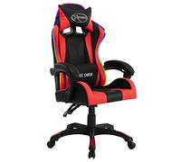 Silla de juegos ajustable de altura roja y negra con luces LED RGB, silla de oficina de piel sintética con reposacabezas grueso y almohadas lumbar, giratorio de 360 grados con 5 ruedas