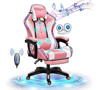 Silla de juegos de respaldo alto con altavoces Bluetooth, luces LED RGB y función reclinable ajustable, silla de oficina de piel sintética para adultos y adolescentes (rosa)