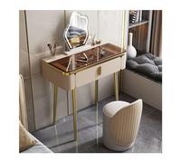 Silla de Maquillaje, tocador de Maquillaje con Tapa de Cristal glamuroso, Espejo y Silla, Patas de Metal, Escritorio para Dormitorio, Color champán, 100 cm