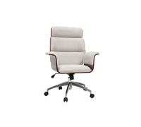 Silla de oficina con ruedas de diseño en tejido efecto terciopelo texturizado beige, madera oscura y acero cromado ELON