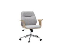 Silla de oficina con ruedas de diseño en tejido efecto terciopelo texturizado gris, madera clara y acero cromado RUFIN