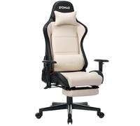 Silla de oficina ergonómica con reposapiés, reclinable 155°, con cojín lumbar, reposabrazos ajustables en altura, piel sintética, base de madera maciza hasta 120 kg, color crema y negro