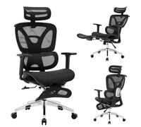 Silla de Oficina Ergonómica con Respaldo de Malla, Soporte Lumbar Dinámico, Reposapiés, Brazos 3D Ajustables, Altura Ajustable, Giratoria 360°, Oficina y Hogar, Negra
