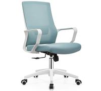 Silla de Oficina Ergonómica con Soporte Lumbar, Silla para Escritorio, Estudio, Dormitorio, Reclinable Ajustable, Base Blanca, Respaldo Anti-Sudor (Azul )
