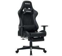 Silla de oficina ergonómica para videojuegos con reposapiés, reclinable 155°, con cojín lumbar biónico, reposabrazos ajustables en altura, silla de piel sintética, soporta hasta 150 kg (negro)