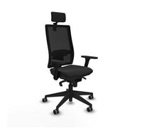 Silla de oficina Horna con mecanismo Sincro tapizada con Similpiel color Negro. Equipada con lumbar 1D, Brazos 3D, Cabecero 2D y Ruedas 65 mm parqué