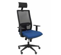 Silla de oficina Horna con mecanismo Sincro tapizada con Tela color Azul marino y malla color Negro. Equipada con lumbar 1D, Brazos 1D, Cabecero Fijo y Ruedas de parqué