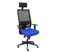 Silla de oficina Horna con mecanismo Sincro tapizada con Tela color Azul y malla color Negro. Equipada con lumbar 1D, Brazos 1D, Cabecero Fijo y Ruedas de parqué