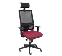 Silla de oficina Horna con mecanismo Sincro tapizada con Tela color Granate y malla color Negro. Equipada con lumbar 1D, Brazos 1D, Cabecero Fijo y Ruedas de parqué