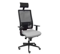 Silla de oficina Horna con mecanismo Sincro tapizada con Tela color Gris claro y malla color Negro. Equipada con lumbar 1D, Brazos 1D, Cabecero Fijo y Ruedas de parqué