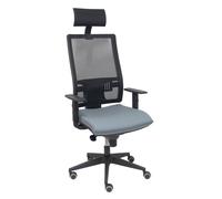 Silla de oficina Horna con mecanismo Sincro tapizada con Tela color Gris y malla color Negro. Equipada con lumbar 1D, Brazos 1D, Cabecero Fijo y Ruedas de parqué