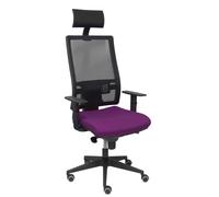Silla de oficina Horna con mecanismo Sincro tapizada con Tela color Morado y malla color Negro. Equipada con lumbar 1D, Brazos 1D, Cabecero Fijo y Ruedas de parqué